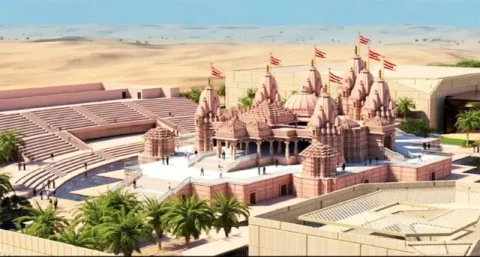 BAPS હિંદુ મંદિરઃ આ મુસ્લિમ દેશમાં પ્રથમ હિંદુ મંદિર બની રહ્યું છે, જેમાં રાજસ્થાનના ગુલાબી રેતીના પથ્થરનો ઉપયોગ કરવામાં આવ્યો છે.