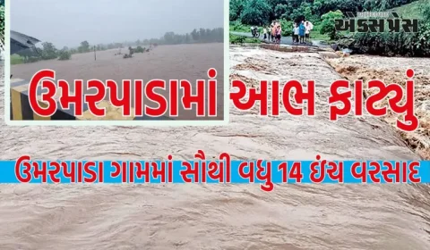 સુરત જિલ્લાના ઉમરપાડા તાલુકામાં સૌથી વધુ ૧૪ ઇંચ  વરસાદ : રાજ્યના ૫ તાલુકાઓમાં ૪ ઈંચથી વધુ વરસાદ નોંધાયો