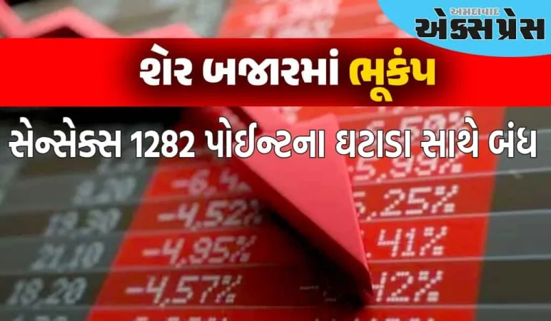શેરબજારમાં ભયાનક ઘટાડો, સેન્સેક્સ ૧૨૮૨ અને નિફ્ટી ૩૪૬ પોઈન્ટના ઘટાડા સાથે બંધ થયો