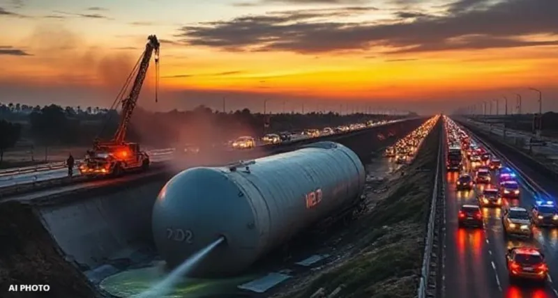 આણંદ-નડિયાદ એક્સપ્રેસ હાઈવે પર ગેસ ટેન્કર અકસ્માત: કેમિકલ લીકેજથી ટ્રાફિક જામ