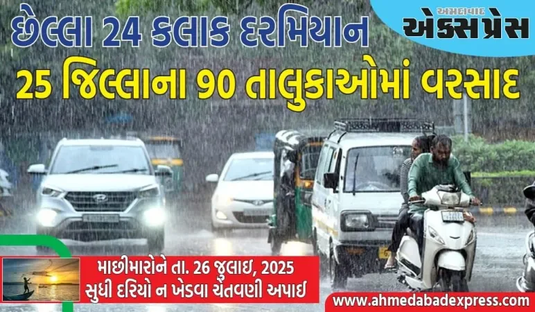 ગત ૨૪ કલાક દરમિયાન રાજ્યમાં ૨૫ જિલ્લાના ૯૦ તાલુકાઓમાં વરસાદ