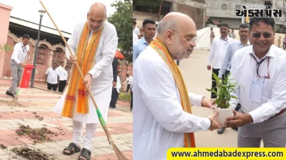 વડનગર રેલવે સ્ટેશન પર અમિત શાહનું સ્વચ્છતા અભિયાન