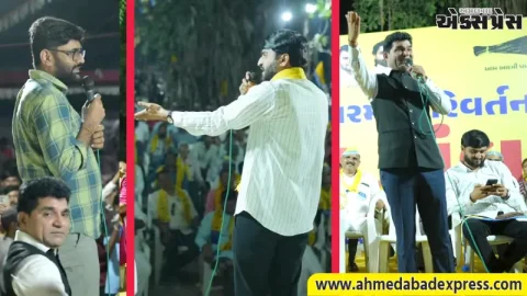 ગાંધીનગરના બોરીજ ખાતે આમ આદમી પાર્ટીની વિશાળ જનસભા યોજાઈ: ઈસુદાન ગઢવી અને ગોપાલ ઈટાલીયાના ભાજપ પર પ્રહારો